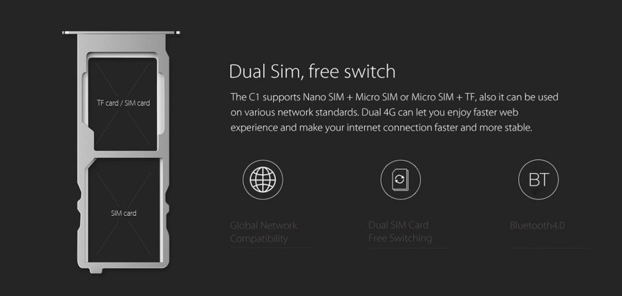 Elephone C1 позволяет установить две SIM-карты - nano-SIM и micro-SIM