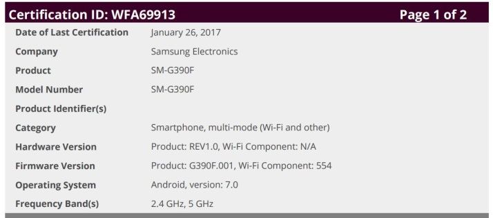 "Выписка" с характеристиками Samsung Galaxy Xcover 4 из базы данных Wi-Fi Alliance