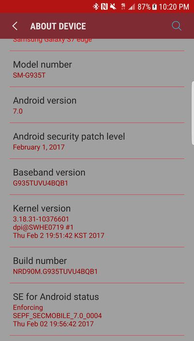 На скриншоте: Samsung Galaxy S7 Edge SM-G935T (T-Mobile) обновился до Nougat