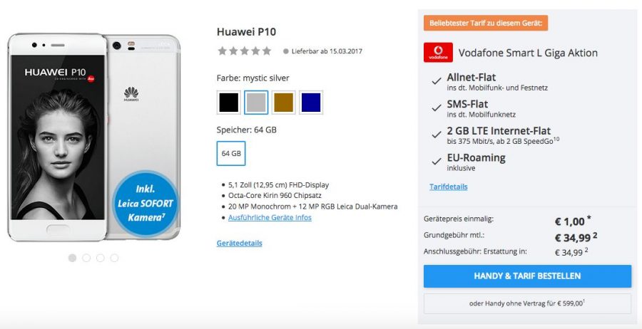 Уже сейчас можно купить Huawei P10 у немецкого ритейлера Sparhandy