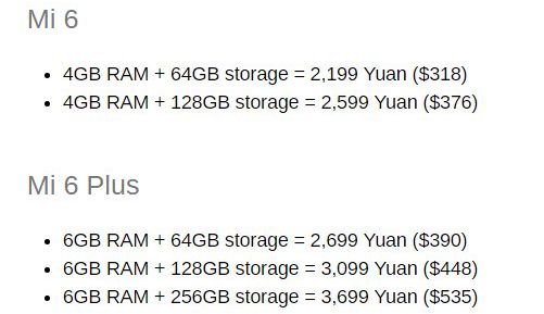 Предварительная раскладка по ценам разных модификаций Xiaomi Mi6 для внутреннего рынка Китая