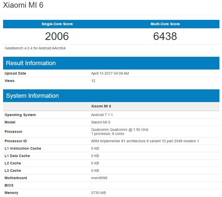Xiaomi Mi6 в GeekBench