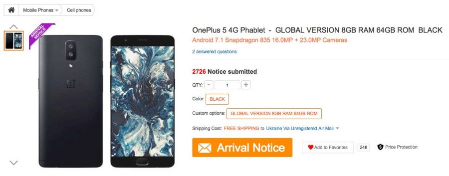 OnePlus 5 в каталоге интернет-магазина GearBest