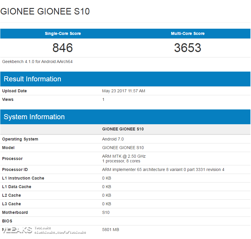 Результат Gionee S10 на базе MediaTek Helio P25 (MT6757T) в GeekBench