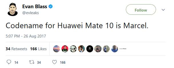 Evan Blass подтверджает выход Huawei Mate 10 и называет его кодовое имя