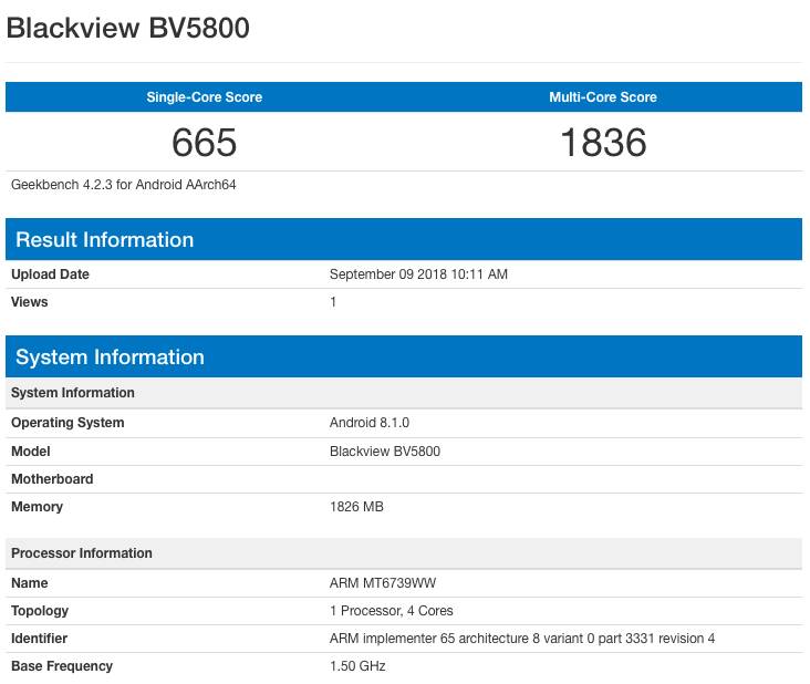 Blackview BV5800 на базе MT6739 в GeekBench