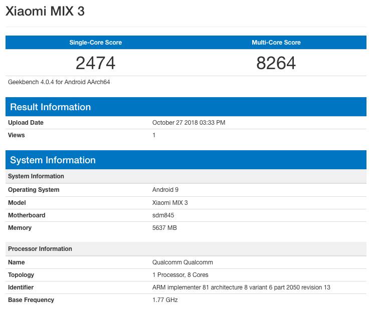 Результаты Xiaomi Mi Mix 3 в GeekBench