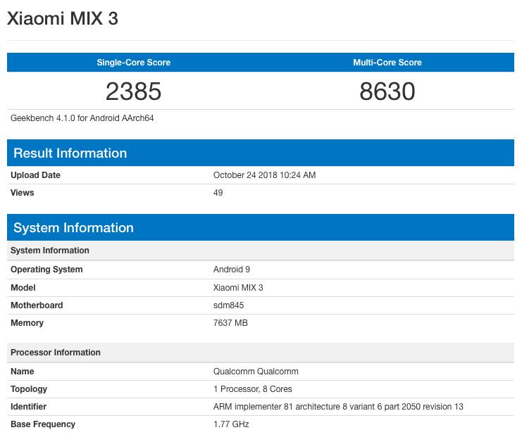 Xiaomi Mi Mix 3 в GeekBench