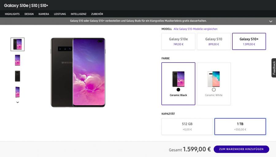 Цена Samsung Galaxy S10+ Pro в Германии