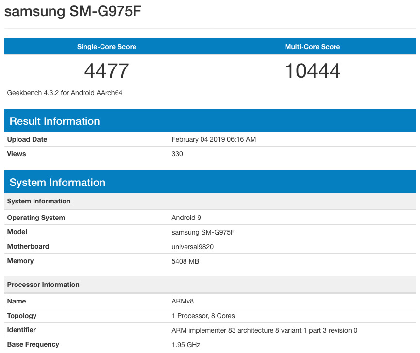 Международная версия Samsung Galaxy S10+ SM-G975F в бенчмарке GeekBench