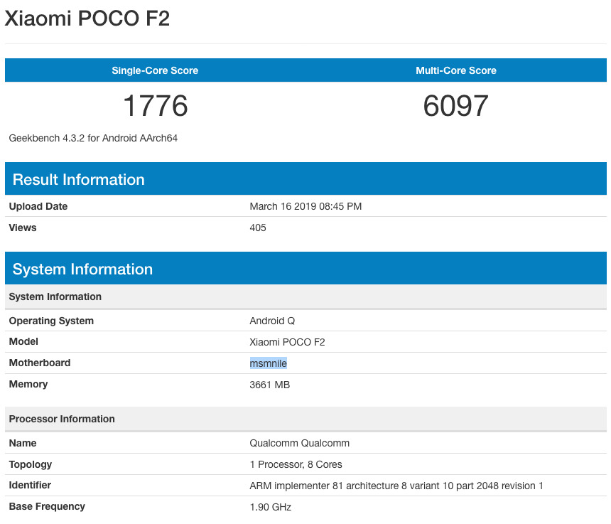 Производительность Xiaomi Pocophone F2 по оценке GeekBench