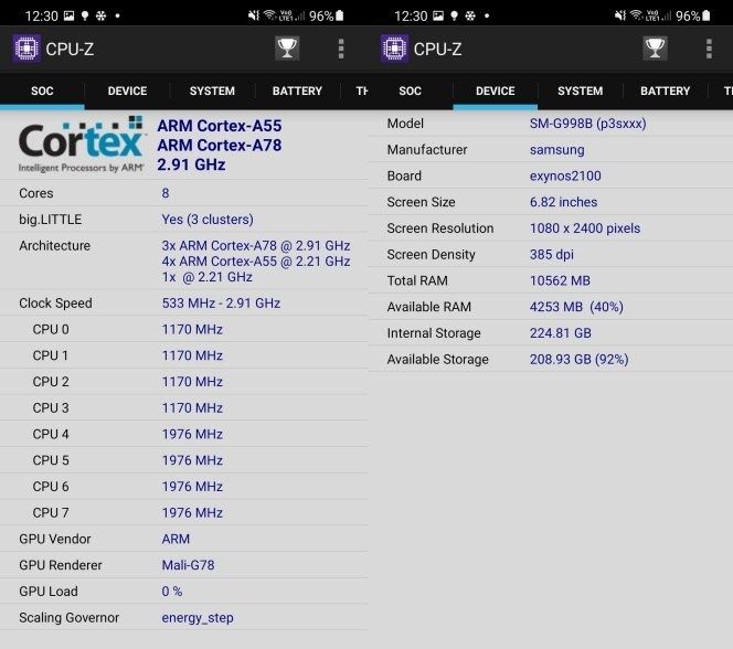 Просматриваем информацию о процессоре Samsung Galaxy S21 с помощью CPU-Z