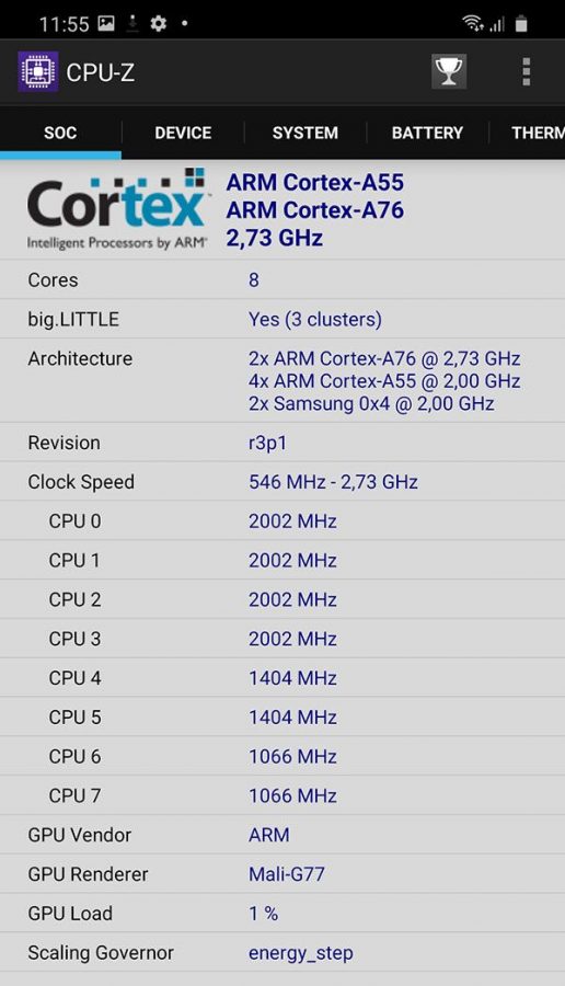 Samsung Galaxy S20 - узнаем процессор с помощью CPU-Z